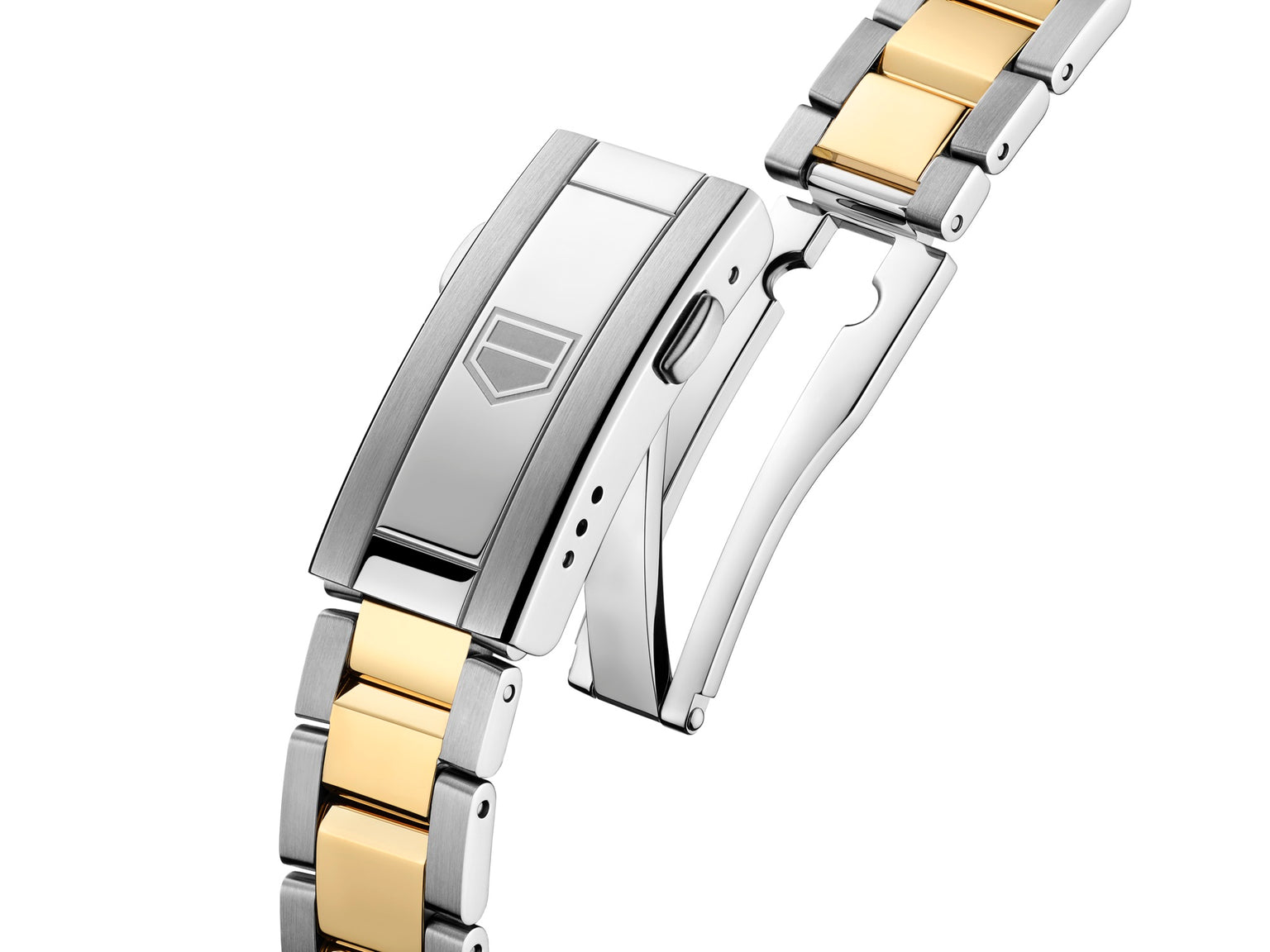 Close-up of the TAG Heuer Aquaracer Professional 200 Solargraph clasp, featuring two-tone silver and gold links, shown on a white background.