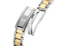 Close-up of the TAG Heuer Aquaracer Professional 200 Solargraph clasp, featuring two-tone silver and gold links, shown on a white background.