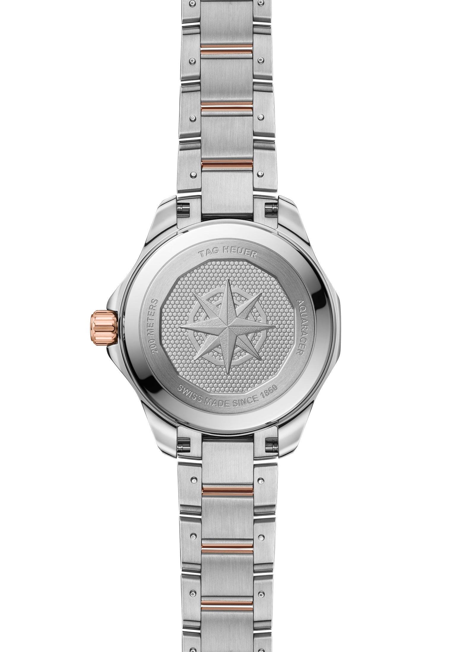 Back view of the TAG Heuer Aquaracer Professional 200 Solargraph watch, featuring a star engraving and a metal bracelet in silver and rose gold tones.