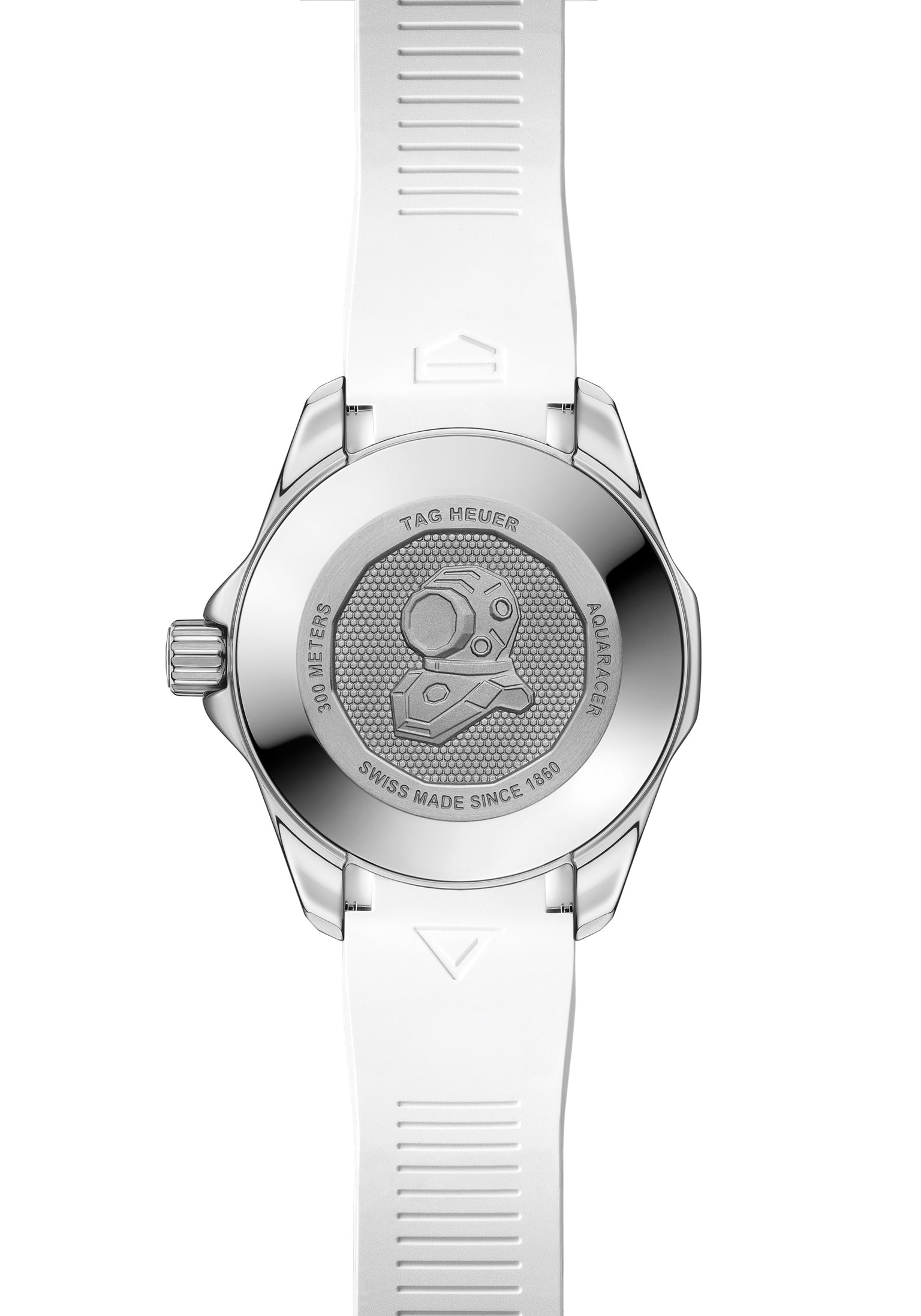 Back view of the TAG Heuer Aquaracer Professional 300 Date with a white strap and engraved case back featuring a helmet design.