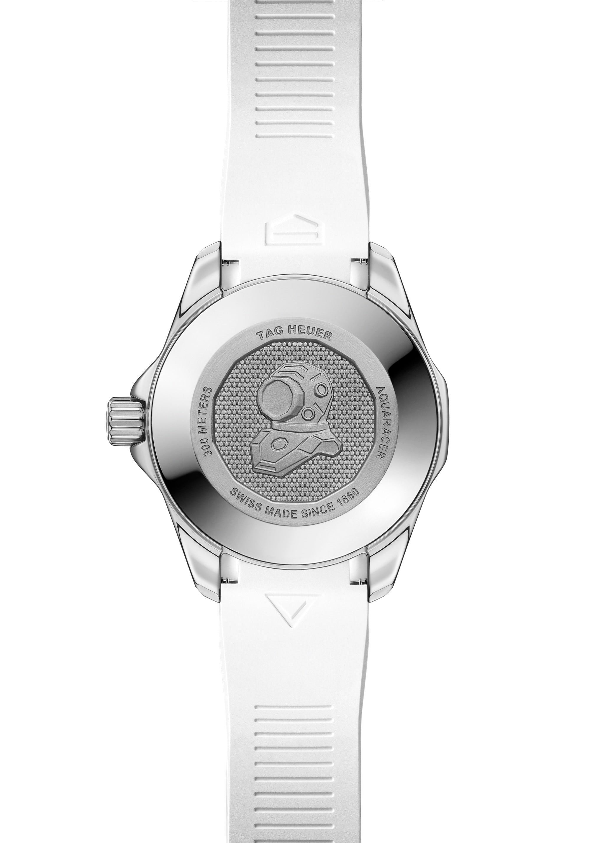 Back view of the TAG Heuer Aquaracer Professional 300 Date with a white strap and engraved case back featuring a helmet design.