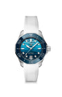 The TAG Heuer Aquaracer Professional 300 Date is a silver wristwatch with a blue face, diamond markers, and a white rubber strap.