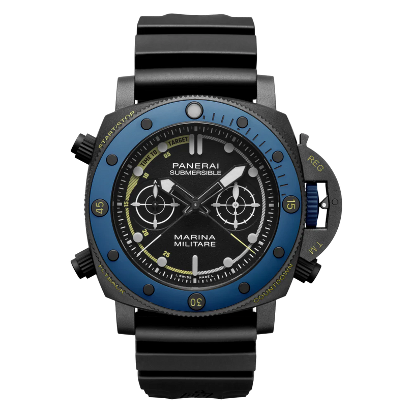 The Panerai Submersible Forze Speciali is a black and blue automatic mechanical watch with a round face, bold markers, black strap, multiple dials, yellow accents, and a robust Panerai P.9100/R calibre with 3-day power reserve.