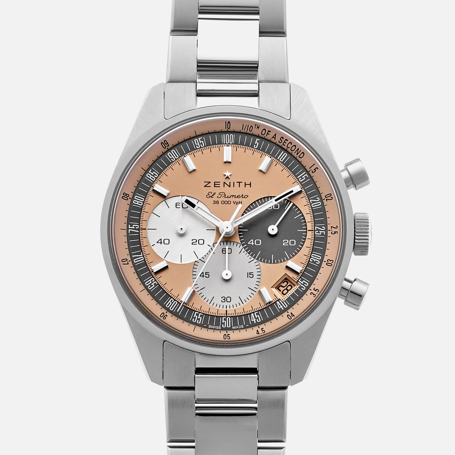 The Zenith Chronomaster Original Limited Edition For Hodinkee is a stainless steel chronograph watch with a pink bezel, three subdials, and a date window, highlighting classic design on a white background.