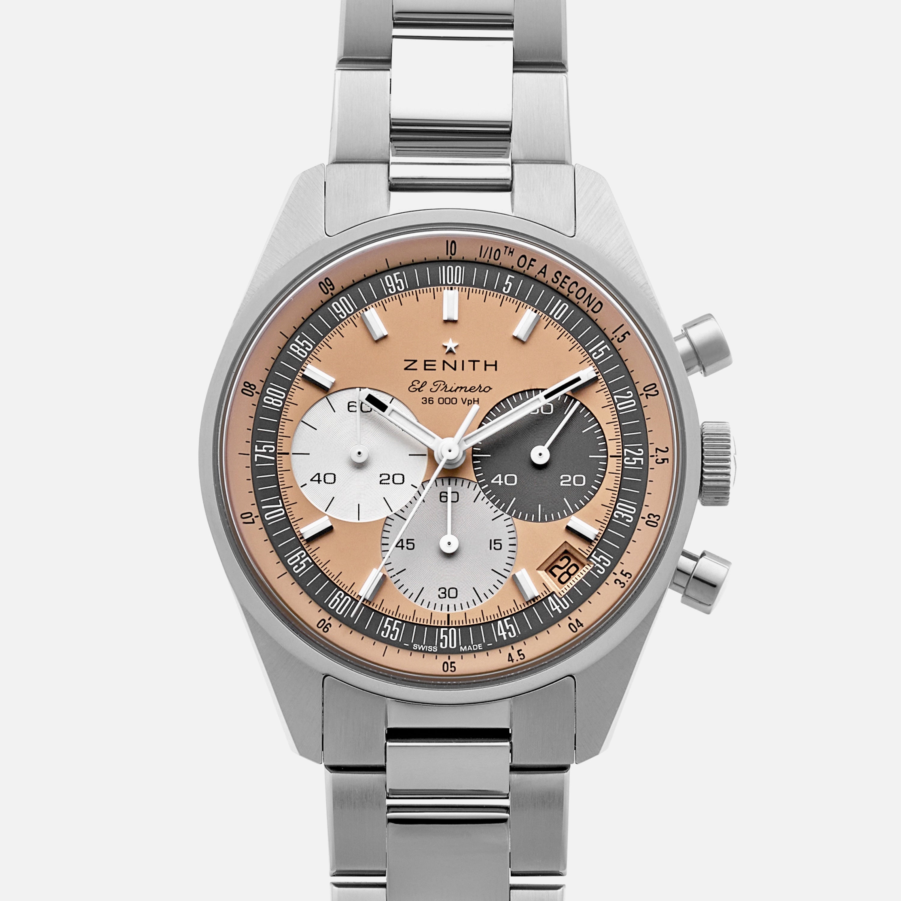 The Zenith Chronomaster Original Limited Edition For Hodinkee is a stainless steel chronograph watch with a pink bezel, three subdials, and a date window, highlighting classic design on a white background.