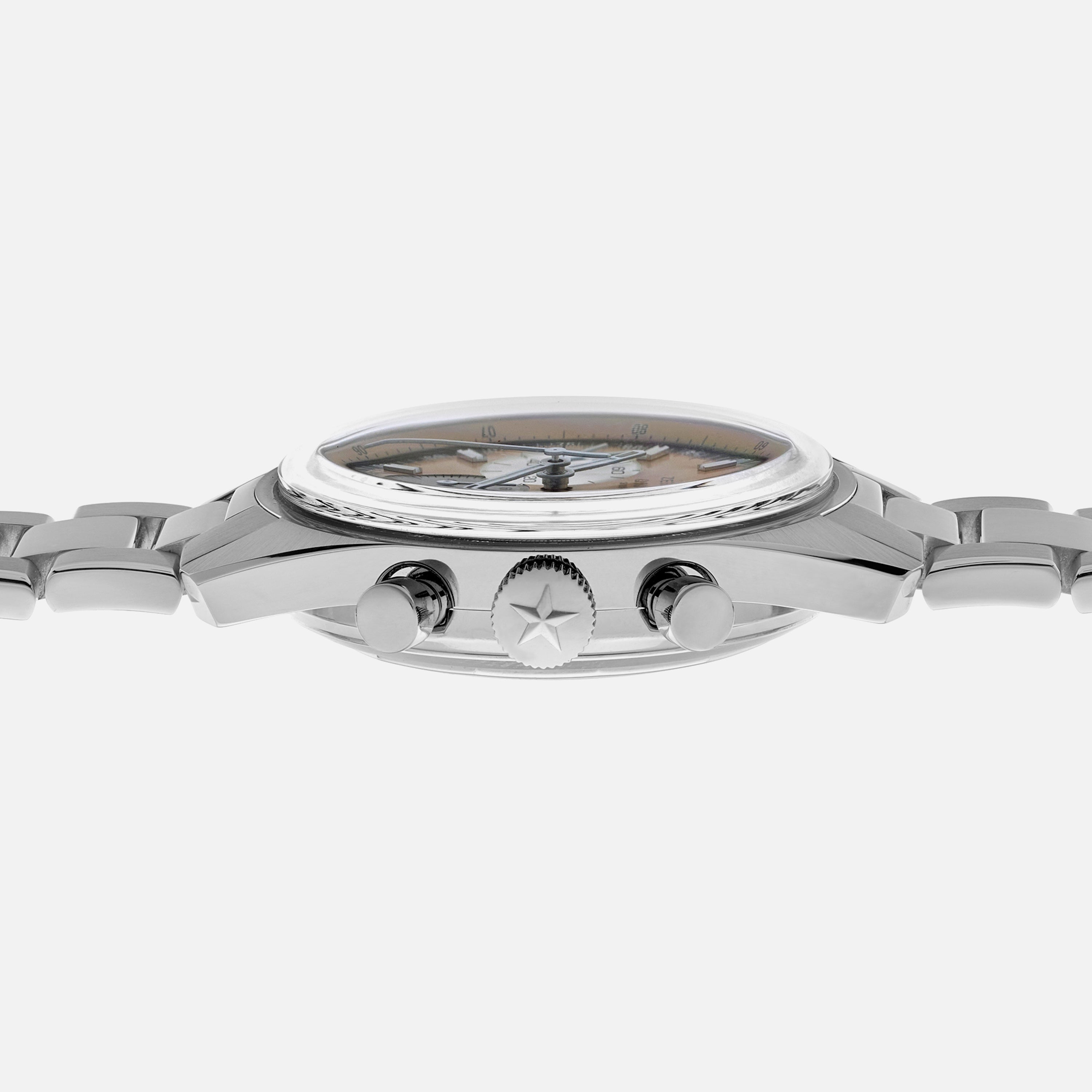 Side view of the Zenith Chronomaster Original Limited Edition For Hodinkee, featuring two pushers, a star-emblem crown, and a stainless steel link bracelet.