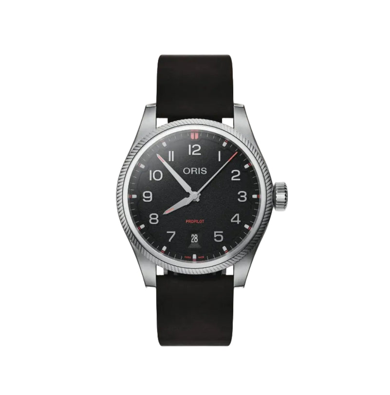 Black watch with silver case on a white background