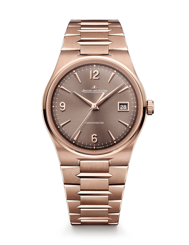 Pink gold watch with gray dial, date window, Arabic numerals, and linked bracelet band.