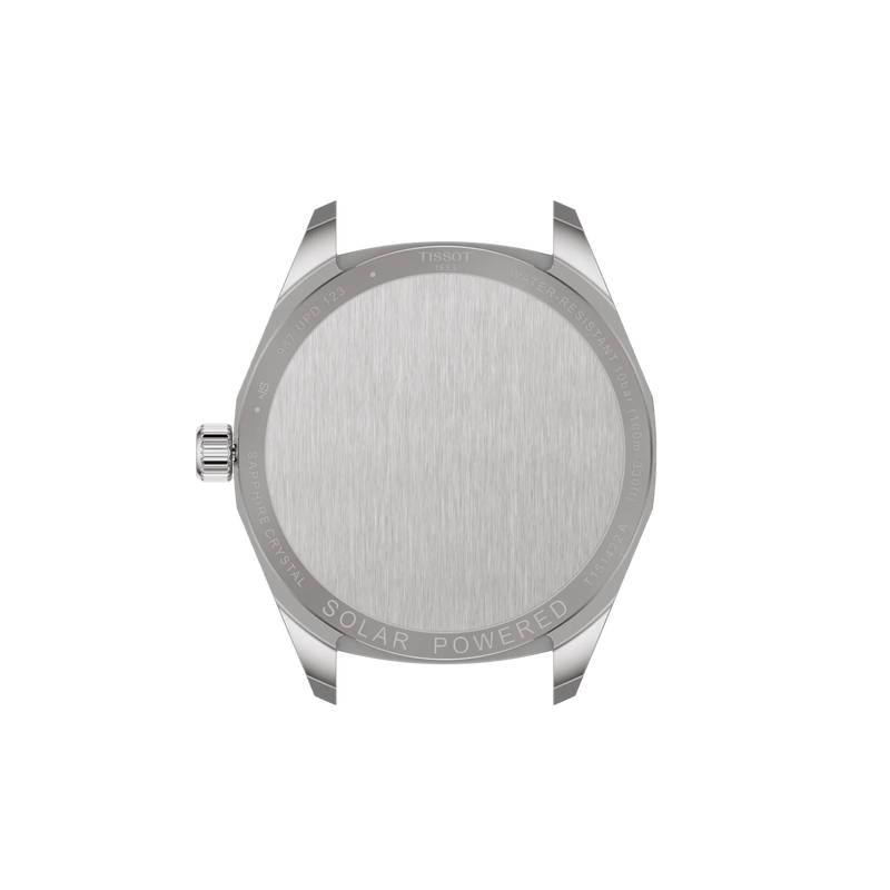 Silver watch case with 'Solar Powered' text on a white background