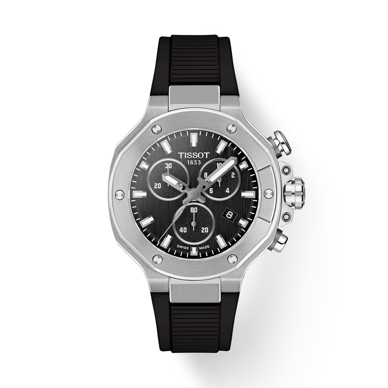 Tissot watch with black dial and rubber strap on a white background