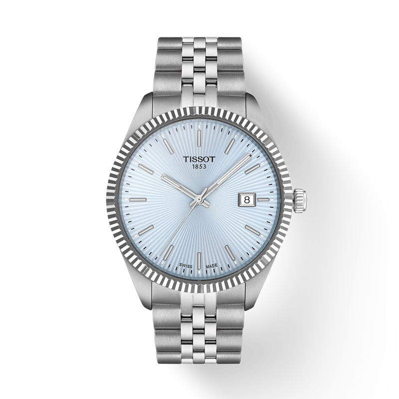 Silver Tissot watch with a light blue face on a white background