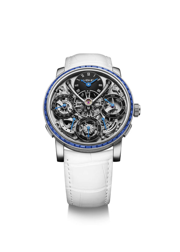 Luxury watch with white strap and blue accents on a white background