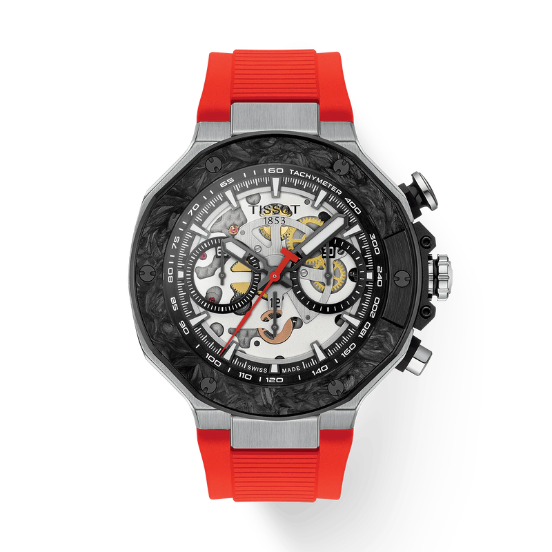 Tissot watch with red strap and detailed face on a white background