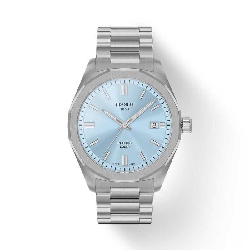 Silver Tissot watch with a light blue face on a white background