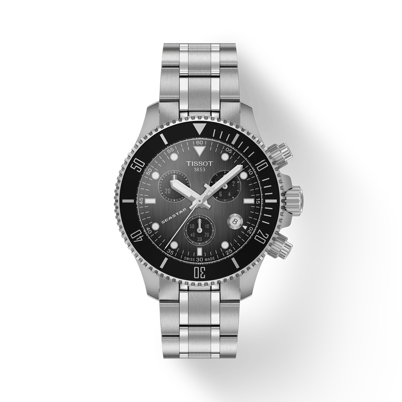 Silver Tissot watch with black dial on a white background