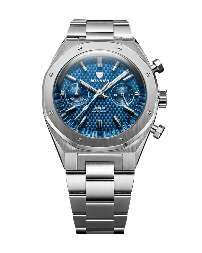 Stainless steel chronograph watch with blue textured dial, three subdials, and matching metal bracelet.