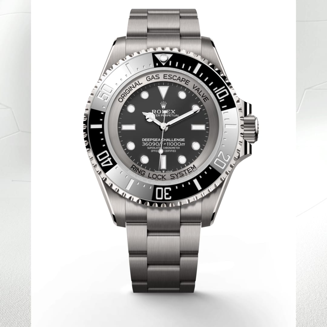 A silver Rolex Deepsea Challenge watch with a black bezel and dial, photographed against a white background.