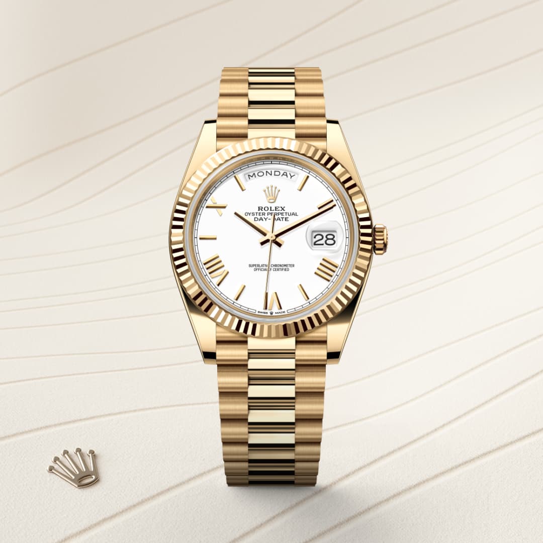 Gold Rolex watch with white dial and Roman numerals, displayed on a textured beige surface.