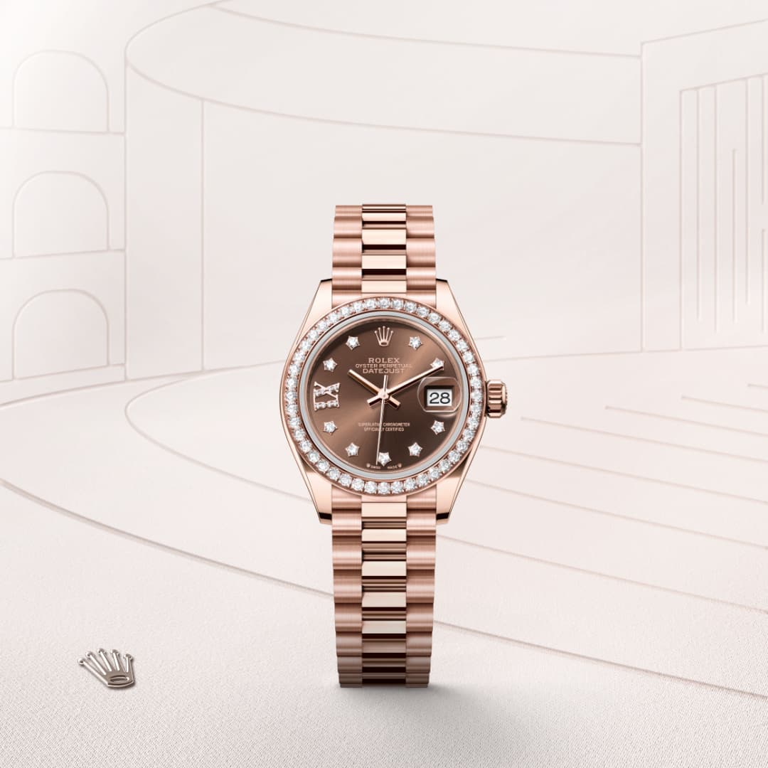 Rose gold Rolex watch with diamond bezel and markers displayed on a soft beige background with line art.