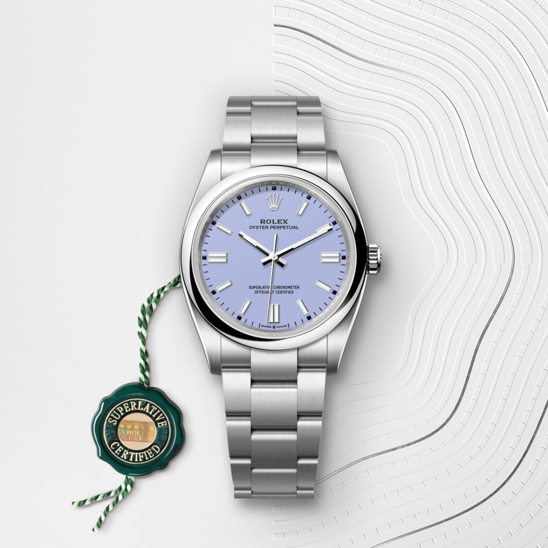 A silver Rolex watch with a light blue dial and Superlative Certified tag on a white textured background.