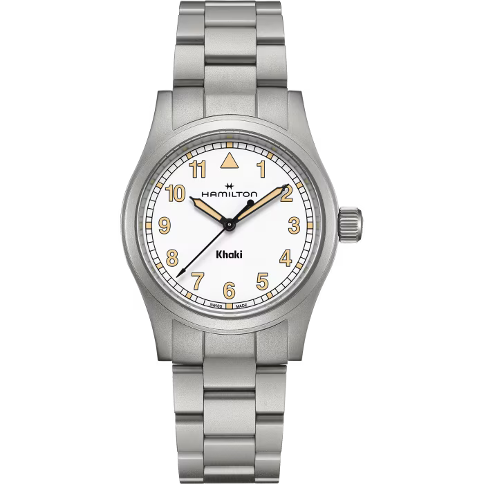 Silver Hamilton watch with white face on a transparent background