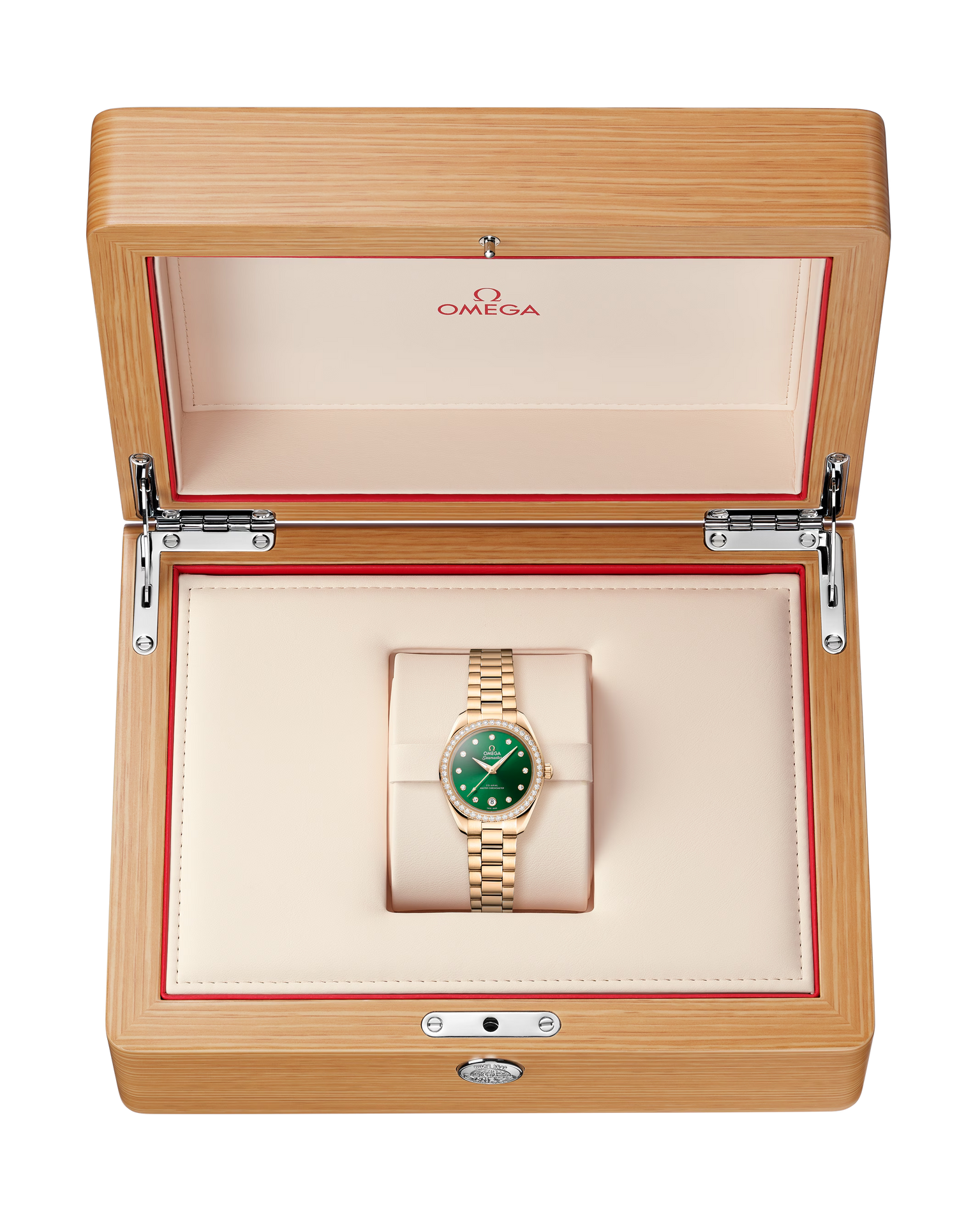 OMEGA Seamaster Aqua Terra 150M 30mm, Moonshine™ gold on Moonshine™ gold Watch, with a Diamond Bezel and Green Dial with Diamond Markers on a Moonshine™ gold integrated bracelet in a wooden box.