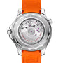 Back view of the OMEGA Seamaster Diver 300 with an orange strap, displaying its exposed mechanical movement.