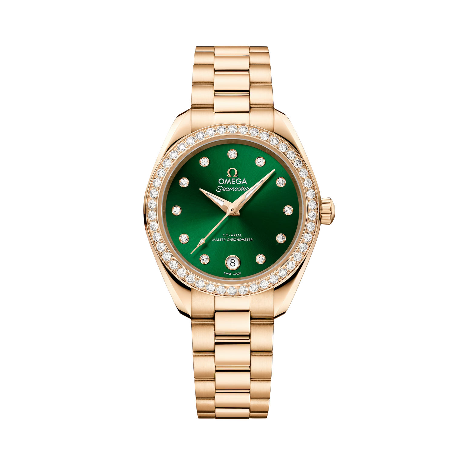 OMEGA Seamaster Aqua Terra 150M 30mm, Moonshine™ gold on Moonshine™ gold Watch, with a Diamond Bezel and Green Dial with Diamond Markers on a Moonshine™ gold integrated bracelet.