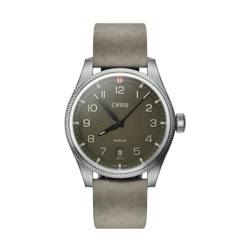 Silver watch with a brown strap on a gradient background