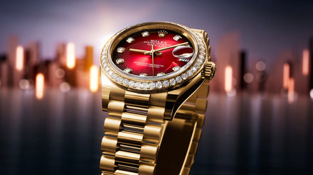 A gold Rolex watch with a red dial and diamond markers, set against a blurred city skyline background.