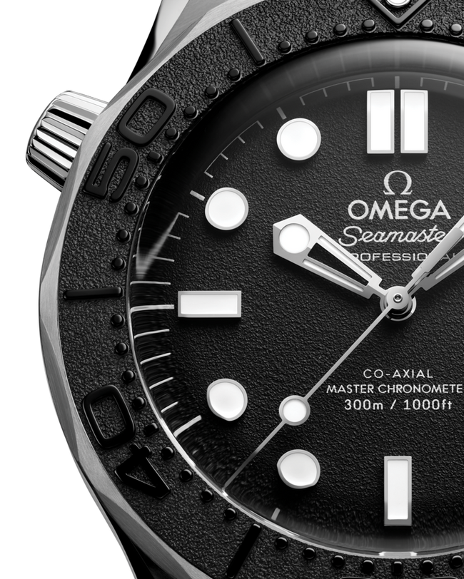Omega Seamaster Diver 300M watch with black dial, white hour markers, silver hands, stainless steel case and textured black r