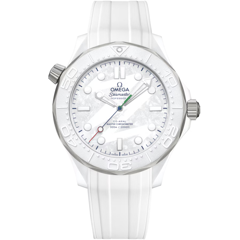 White Omega watch with detailed face on a transparent background