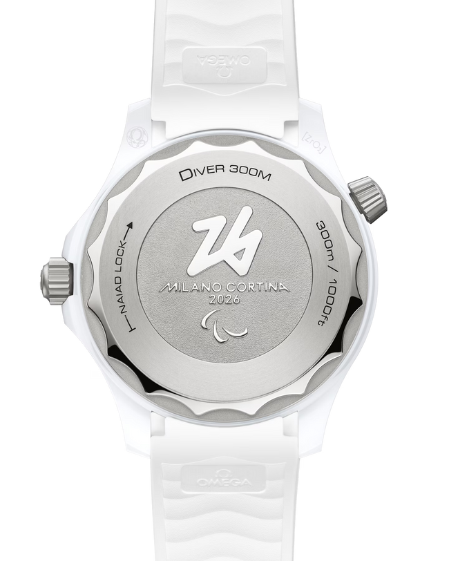 White watch with detailed branding and design elements on a clear background