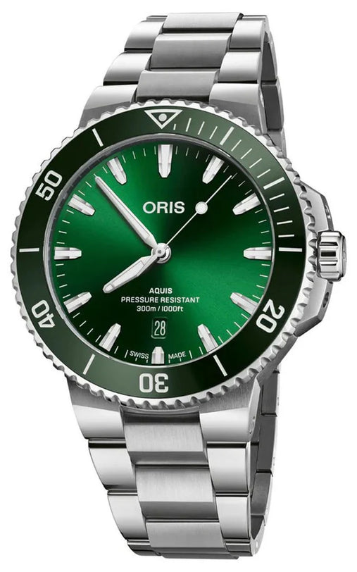 Oris watch with green dial and silver bracelet on a white background