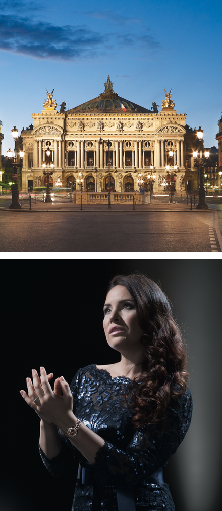 The illuminated Paris Opera House at dusk and a woman in a black dress singing on stage.