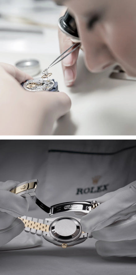 A watchmaker repairs a watch, then examines a Rolex wristwatch with gloved hands.