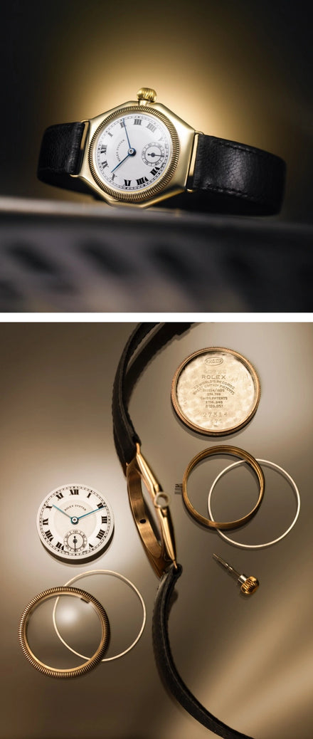 A gold wristwatch with a black band, shown assembled and disassembled into its individual components.