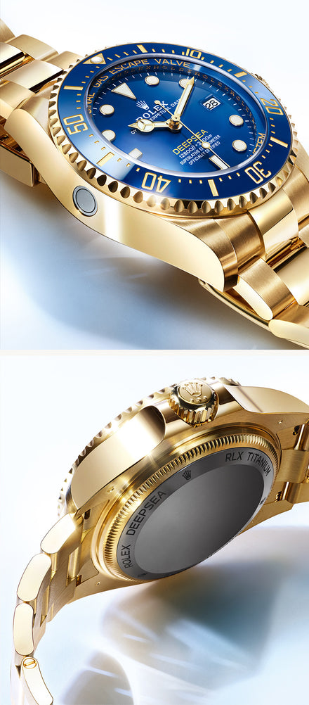 A gold Rolex dive watch with a blue face shown from the front and back angles on a white background.