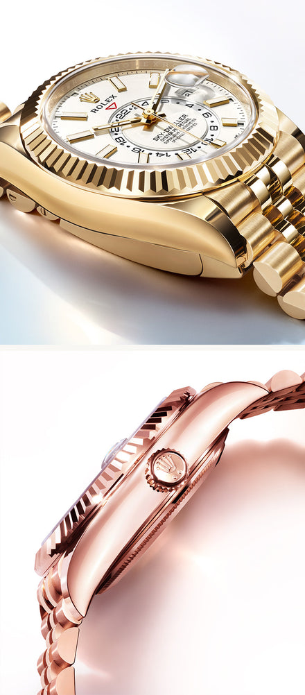 Close-up views of two luxury gold watches, showcasing detailed dials and metallic bands.