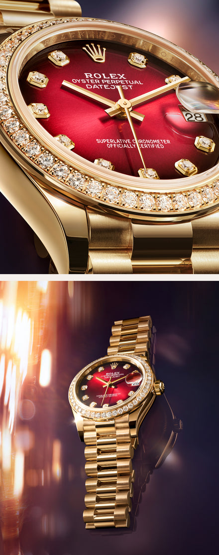 Gold Rolex watch with a red gradient face, diamond hour markers, and a diamond-studded bezel.