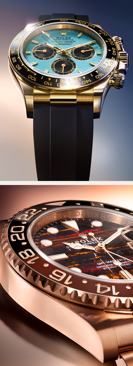 Close-up images of two luxury watches with gold casing and black dials, highlighting their intricate details.