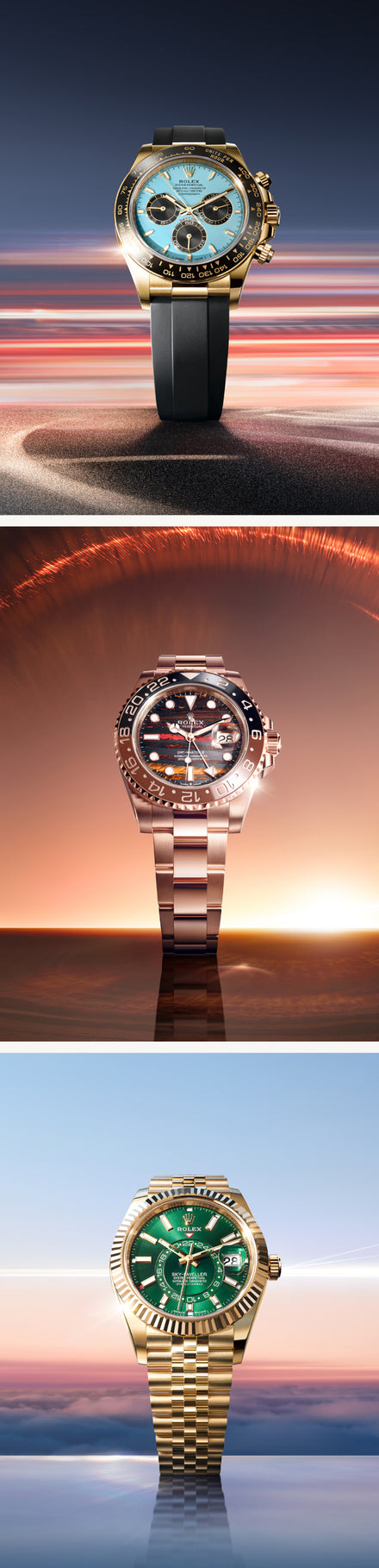 Three luxury gold watches with unique faces displayed against colorful, blurred sunset and gradient backgrounds.
