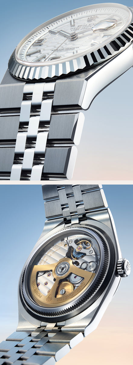Close-up shots of a luxury wristwatch, showing its face, metal band, and detailed mechanical movement.