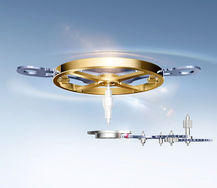 A close-up illustration of watch components, including gears and a balance spring, floating in mid-air.