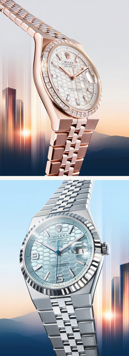Two luxury wristwatches, one rose gold and one silver, displayed against a blurred cityscape background.