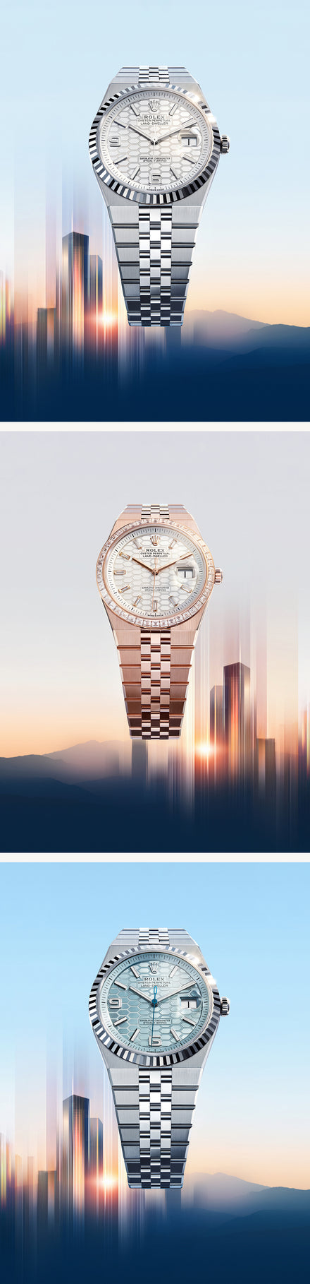 Three luxury wristwatches displayed vertically with a blurred cityscape background at sunrise or sunset.