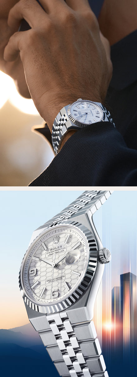 A silver Rolex wristwatch with a patterned dial and metal bracelet, shown on a wrist and in a close-up.