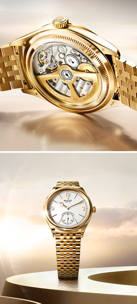 Gold Rolex watch shown from the back to display its movement, and from the front with a white dial and gold bracelet.