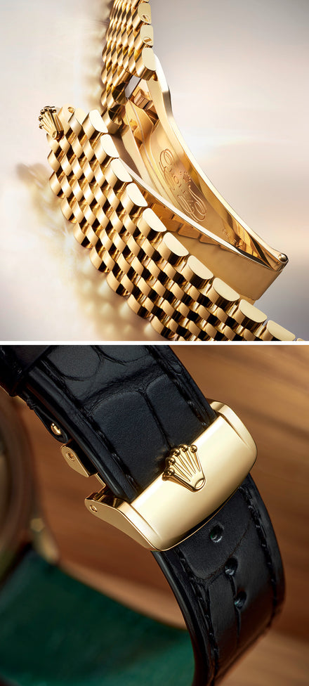 Close-up of two luxury watch clasps: one gold with a metal band, one gold with a black leather strap.