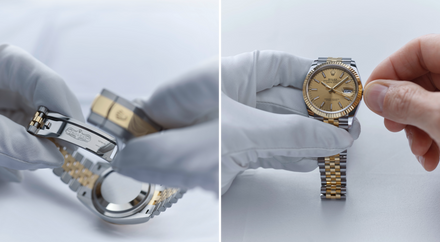 Left: Gloved hands opening a watch clasp. Right: Gloved hands holding a gold and silver wristwatch.